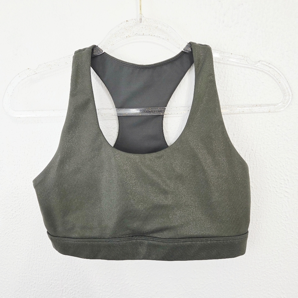 ALL FENIX Liquid Olive Green Sports Bra Metallic Size Medium